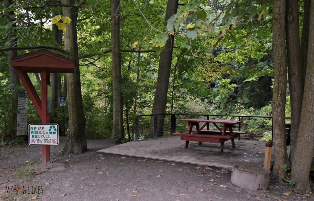 Picnic area overlooking Postcard Falls at Corbett's Glen in Rochester, NY