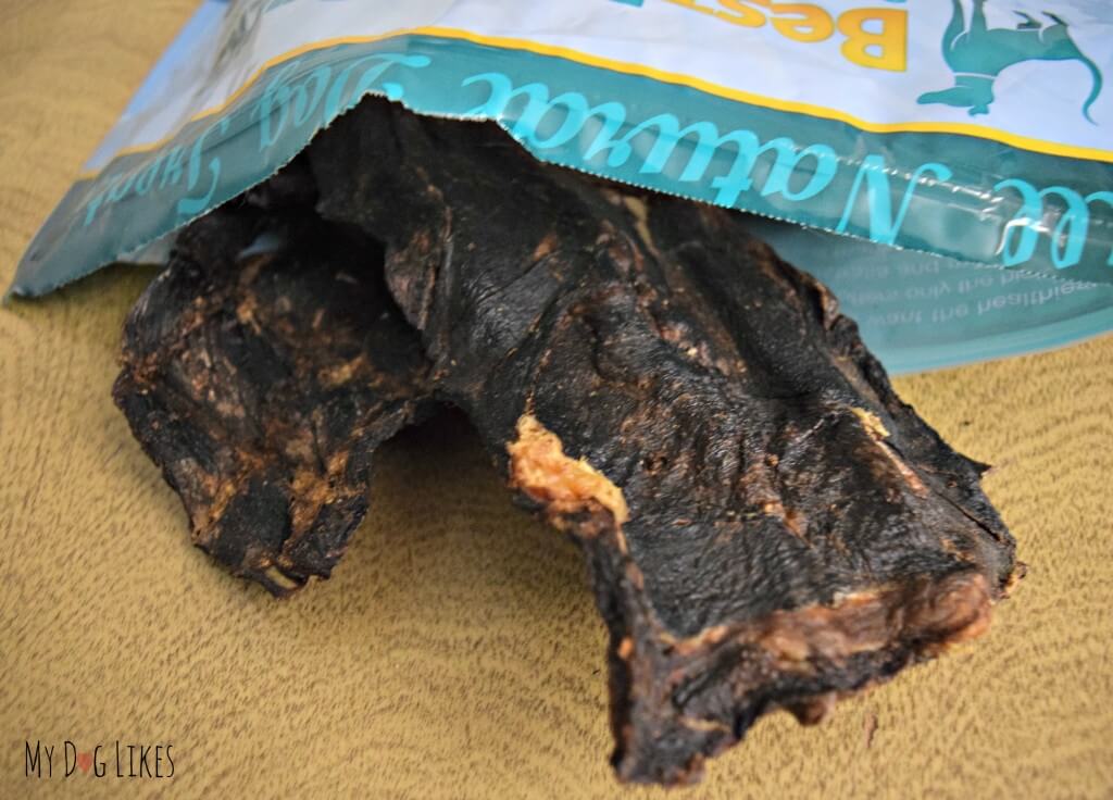 A closeup view of Best Bully Sticks Kangaroo Jerky dog treats