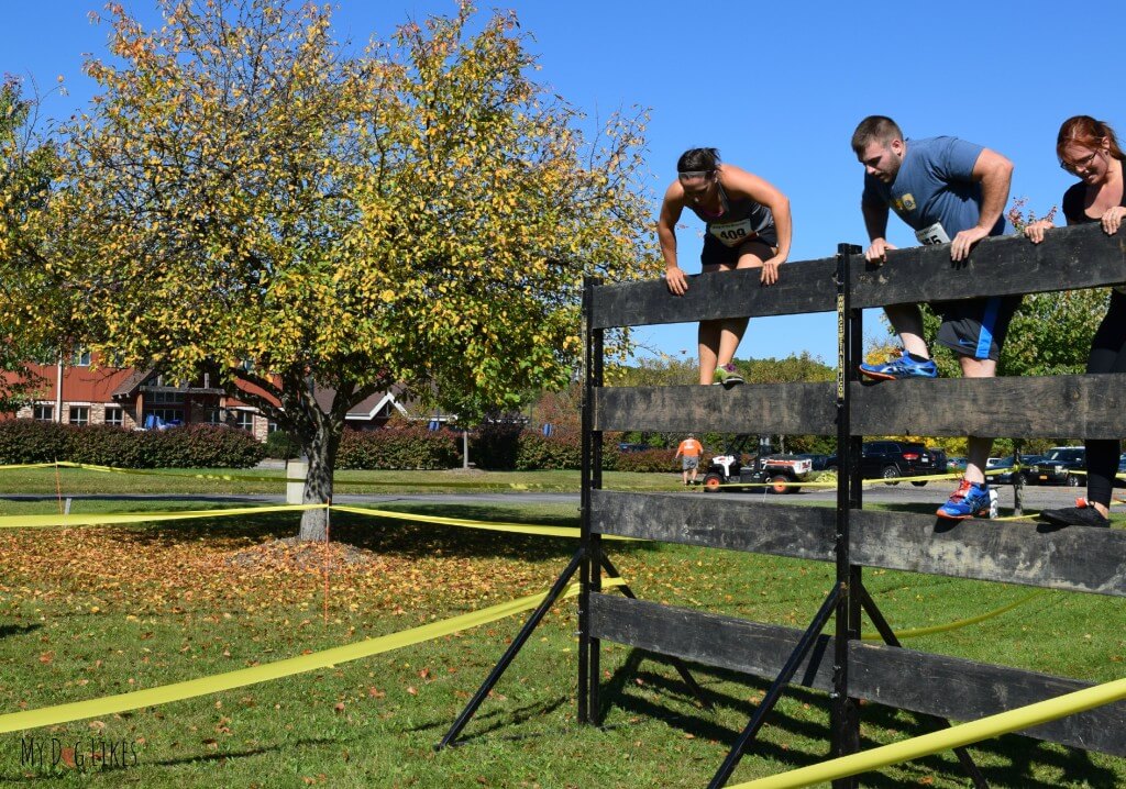 Rachael climbing overa wall obstacle at Lollypop Farm's Ruff Rampage 5K