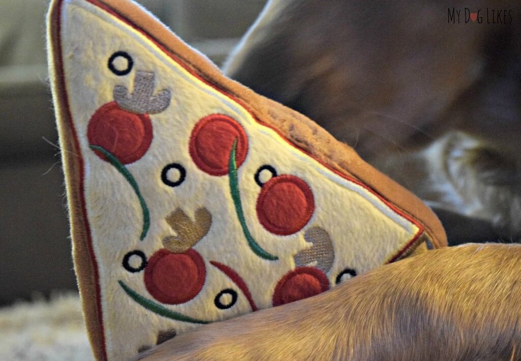 A closeup of the PrideBites Pizza dog toy. This toy is a great combination of softness and durability.