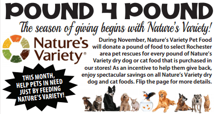 Nature's Variety is offering to donate a pound of food for every pound purchased at PetSaver Superstore during the month of November