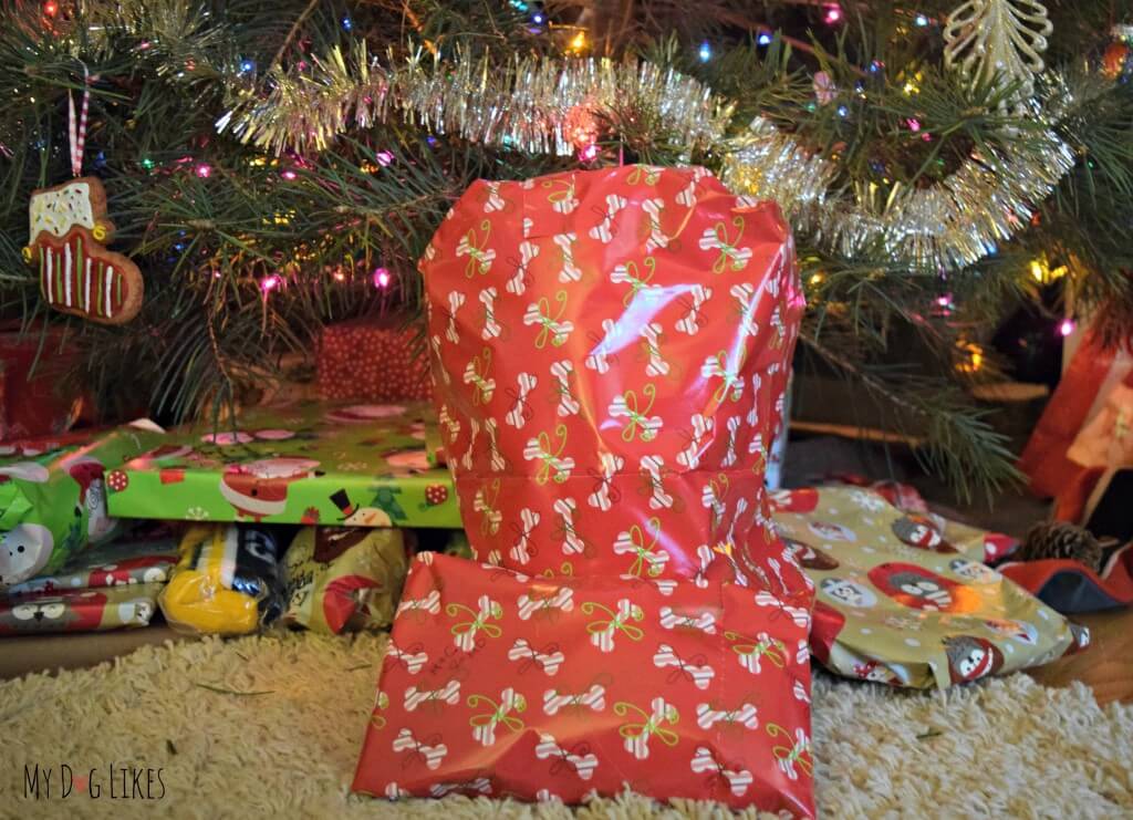Our dog gifts wrapped in Pet Party Printz Dog Wrapping Paper! Click here to read the official MyDogLikes review!