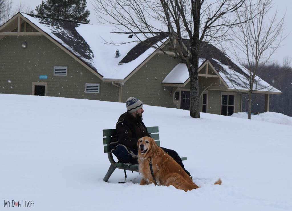 Sitting on a bench outside the Woodside Lodge at Black Creek Park. Harley and I decided to rest here while Rach and Charlie checked out the sledding hill.