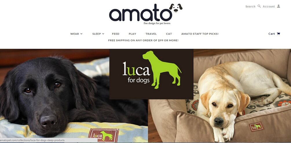 A screenshot of AmatoPet.com - an online pet store specializing in high quality and beautiful pet products