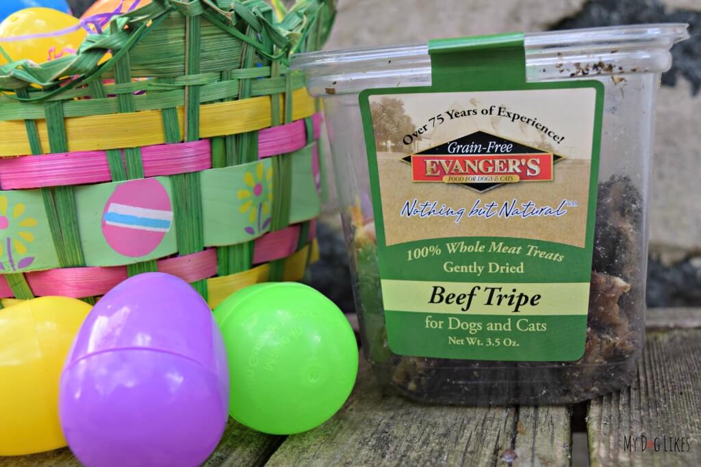 Strongly scented Evanger's tripe was the perfect thing to use for our dog Easter Egg Hunt!