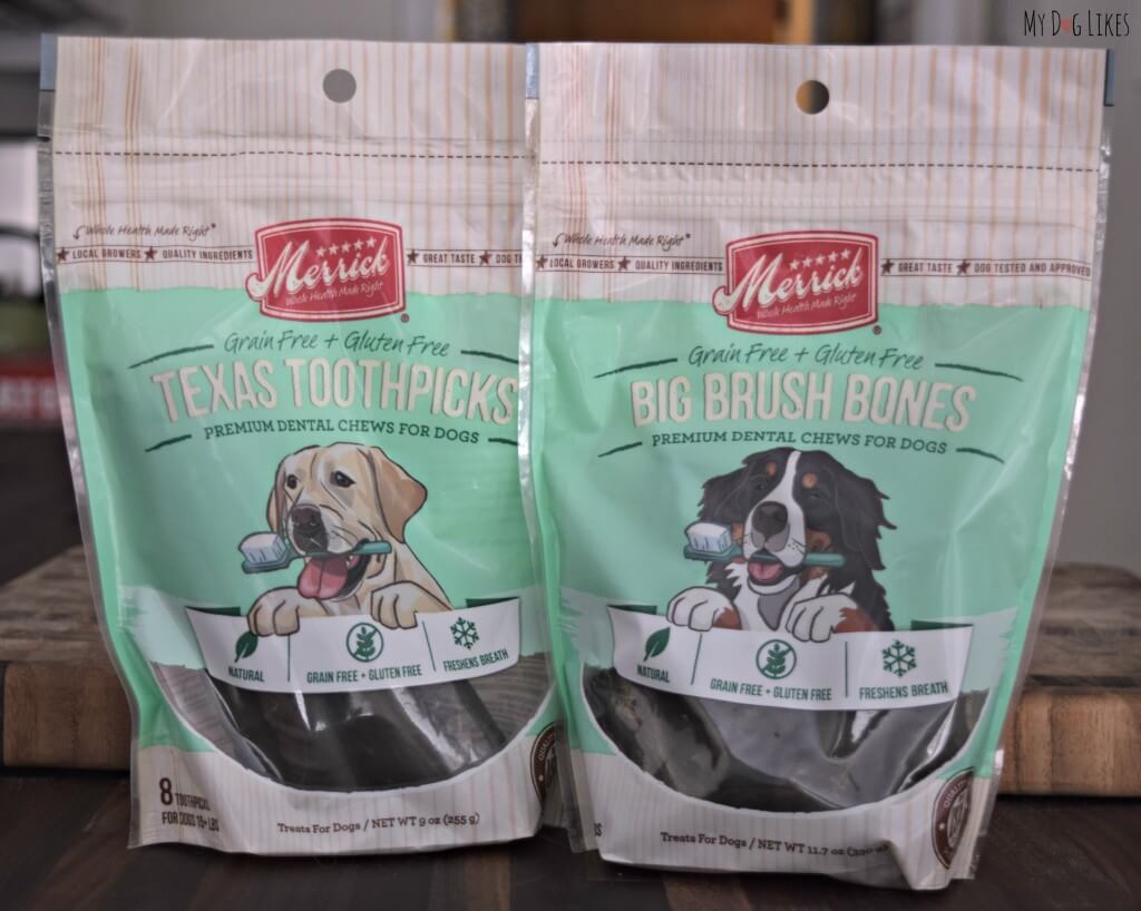 MyDogLikes reviews Merrick Dental Health chews - Texas Toothpicks and Big Brush Bones!