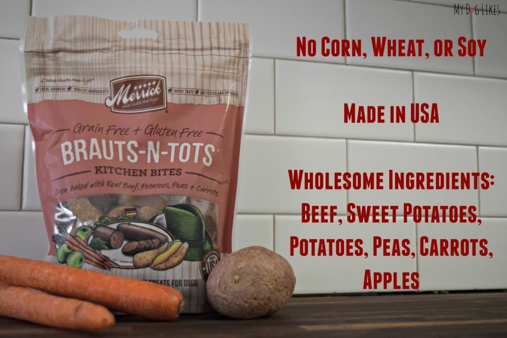 MyDogLikes reviews Merrick Brauts n Tots - Part of their Kitchen Bites line of family inspired flavors!