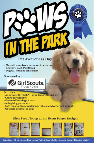 The flyer for the Paws in the Park event put on by Girl Scout Troop 40133