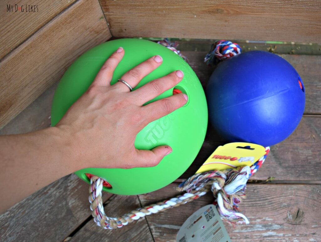 The large Tuggo is roughly 10" in diameter (hand shown for reference). This is an extremely durable dog toy that can withstand even the strongest chewers!