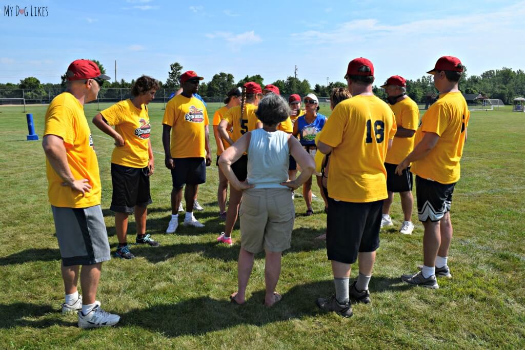 The Rochester Redwings Beep Baseball team strategizing for the next game