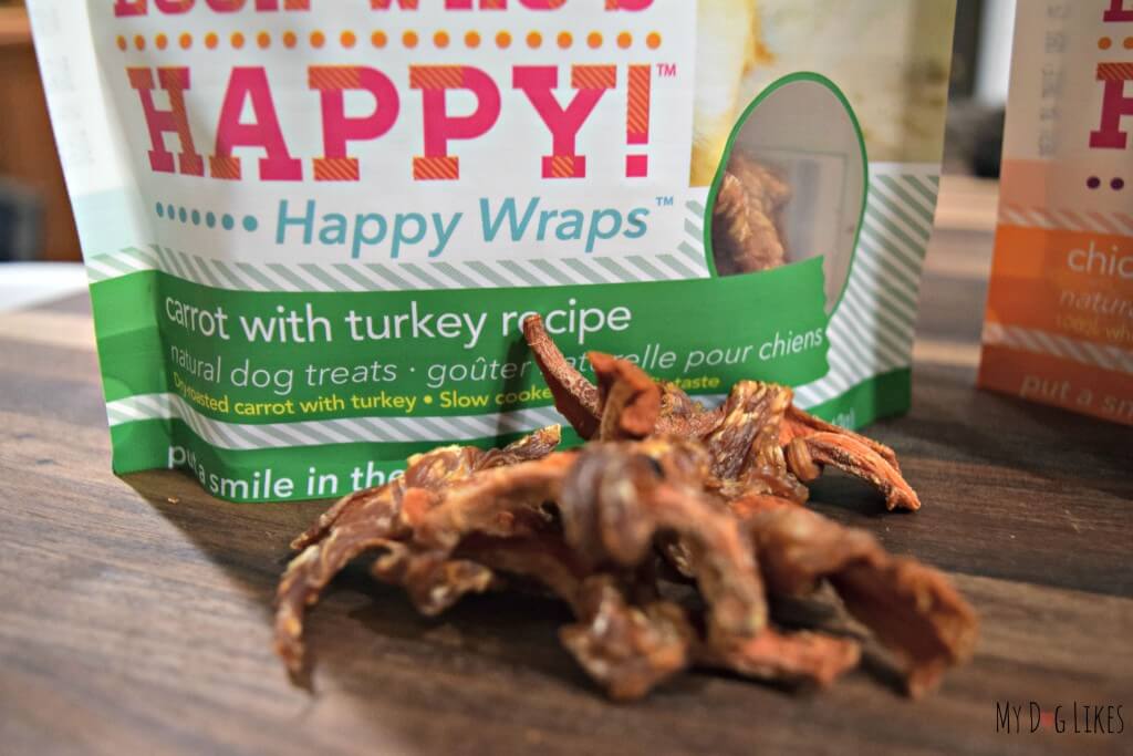 Happy wraps are unique dog treats consisting of sweet potato or carrot wrapped with chicken or turkey.