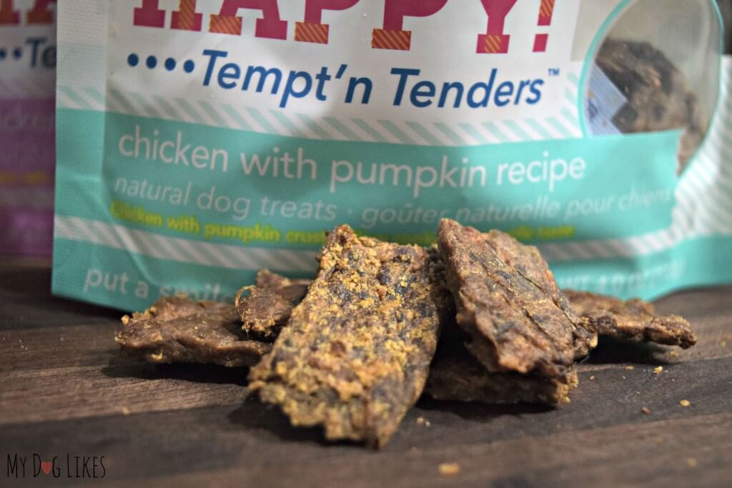 These chicken dog treats from Look Who's Happy are encrusted with carrot or pumpkin.