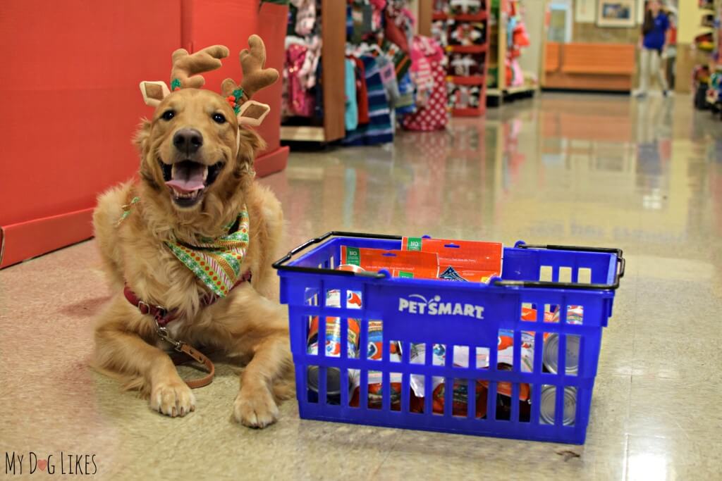 A shopping cart full of BLUE Santa snacks from PetSmart