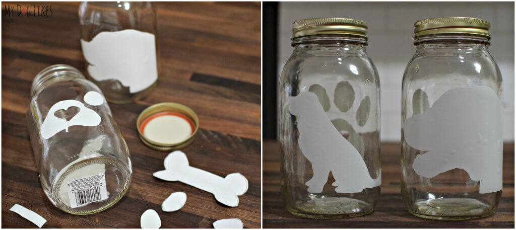 Applying our homemade dog decals onto the mason jars.