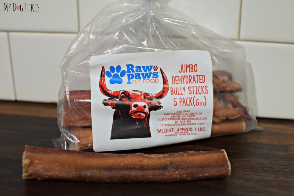 A 5 pack of jumbo bully sticks from Raw Paws.