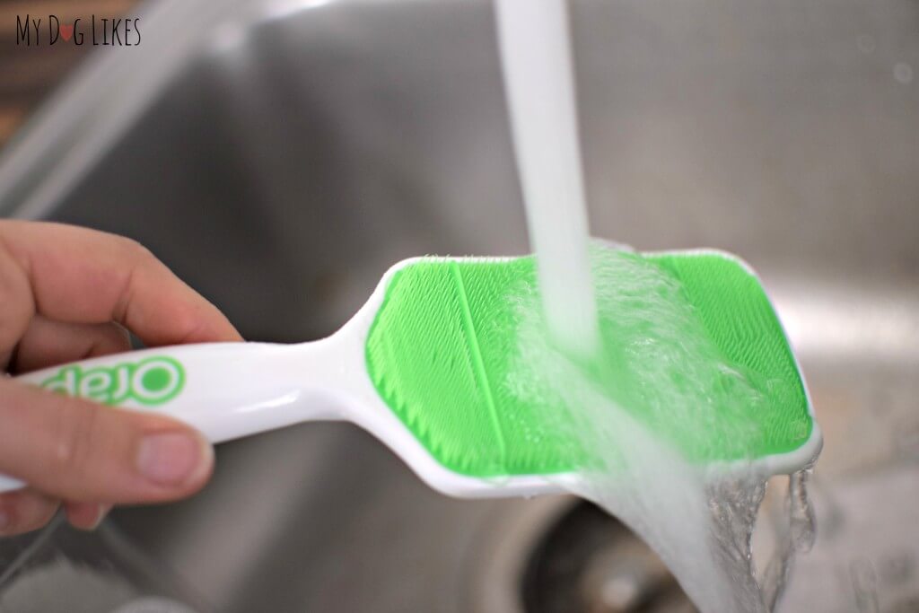 Cleaning our Orapup brush between uses