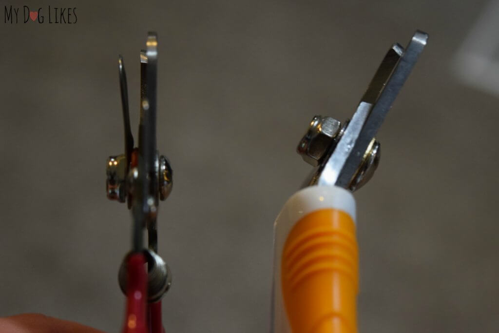 Showing the angled cutting tip that allows for easier dog nail trimming