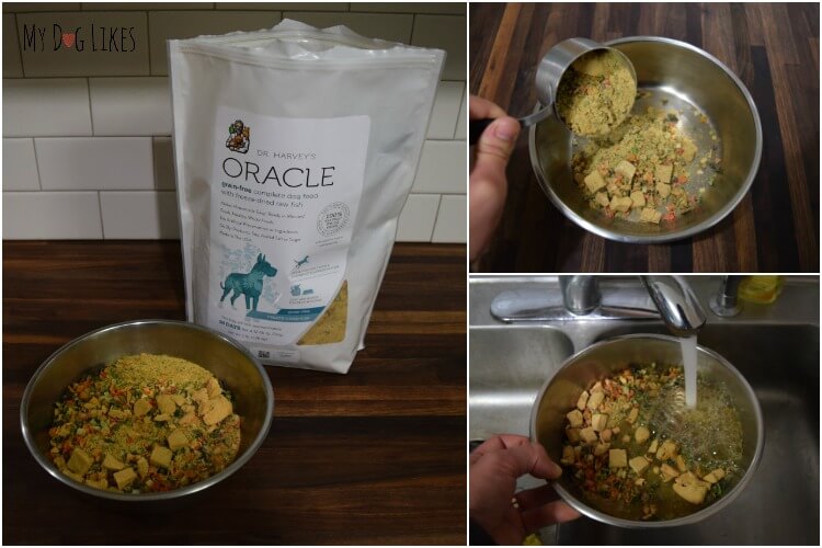 To prepare Oracle grain free dog food simply scoop, add water, mix and serve!
