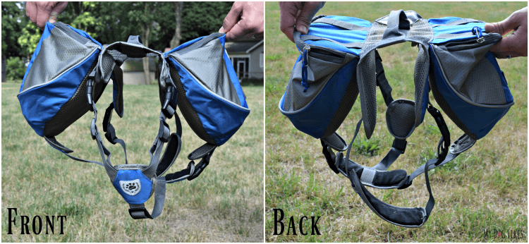 Front and back views of the saddle style dog backpack