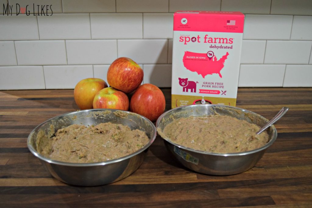 Fully prepared bowls of Spot Farms dog food - Note that you can adjust the water content for the consistency your dog prefers.