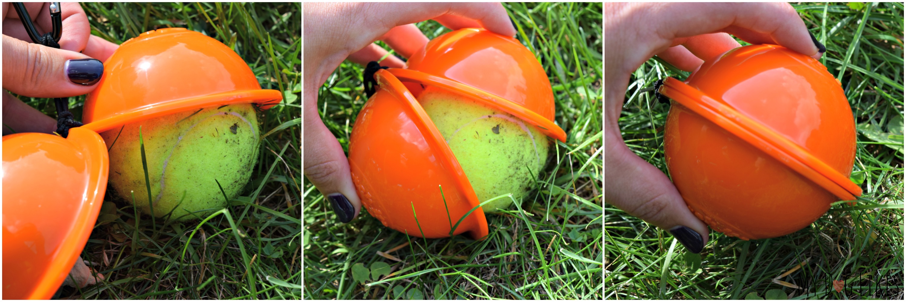 Putting a ball into our Fetch it Tennis Ball Holder