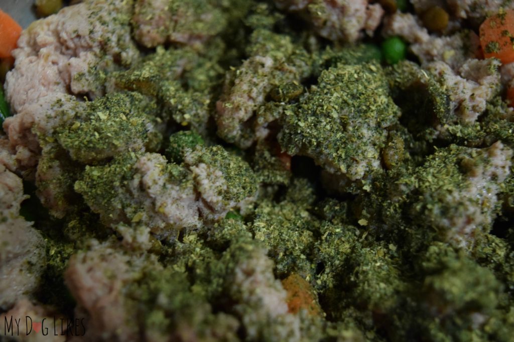 Zoomed in view of Ortho-Flex sprinkled onto our homemade dog food.