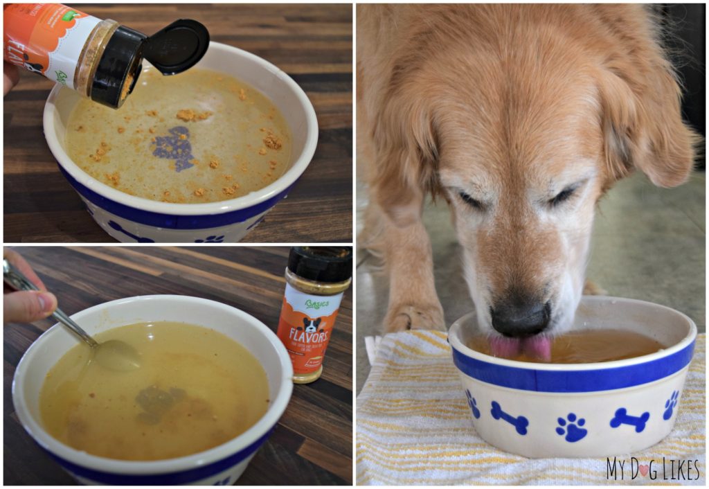 Mixing some Basics FLAVORS into our dogs water dish to encourage them to drink