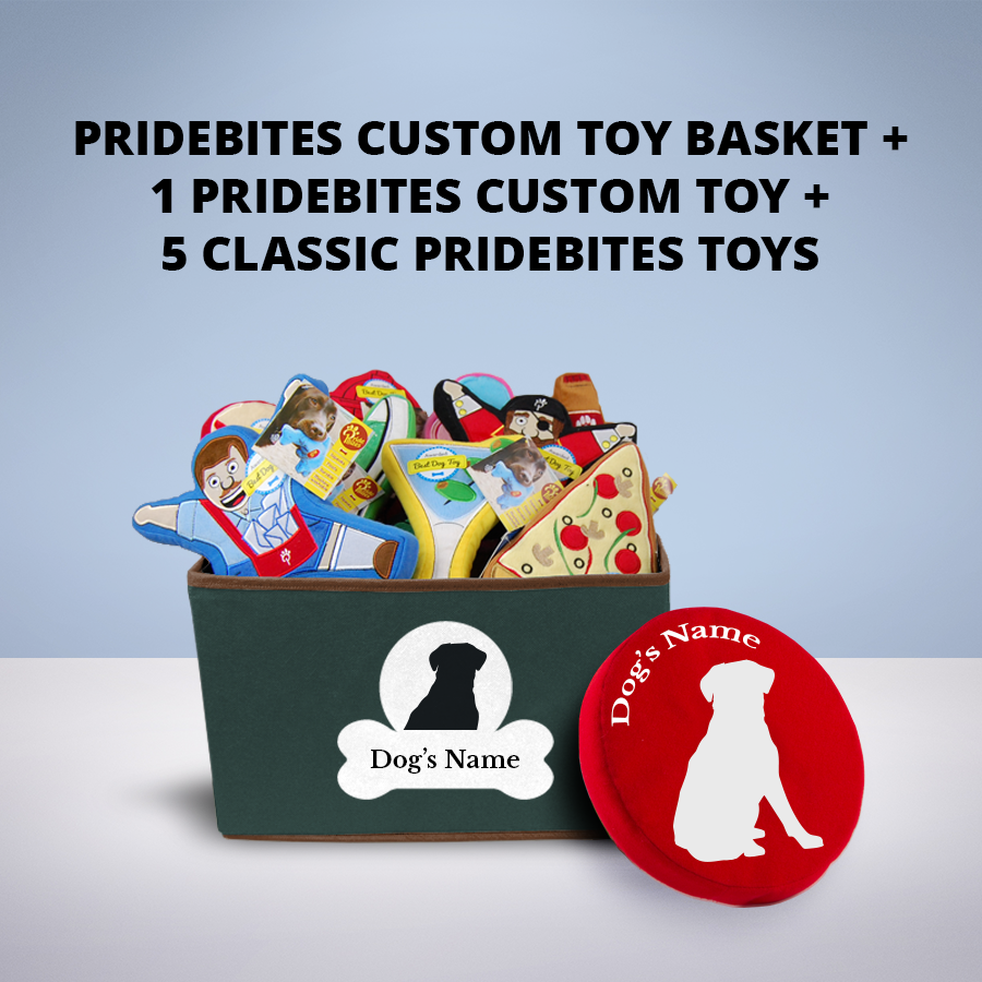 Enter for a chance to win 1 PrideBites custom toy basket, 1 custom dog toy, and 5 classic PrideBites toys
