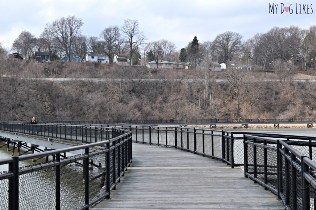 Looking down the impressive Turning Point Park Boardwalk which stretches over the Genesee River