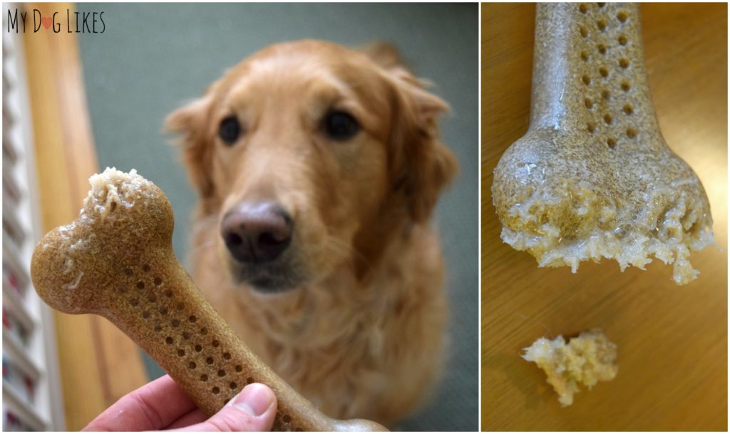 Make sure to supervise your dog while chewing and to take the bone away if they are able to break a chunk off of it!