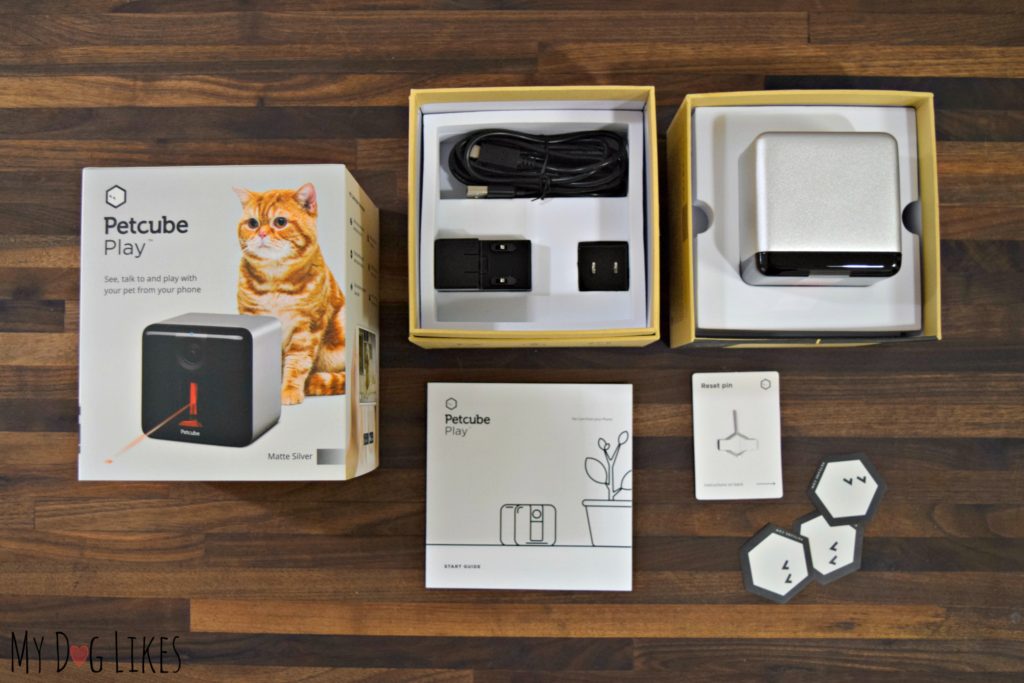 Inside the box you will find your Petcube camera, power charger, reset pin, and instruction manual.