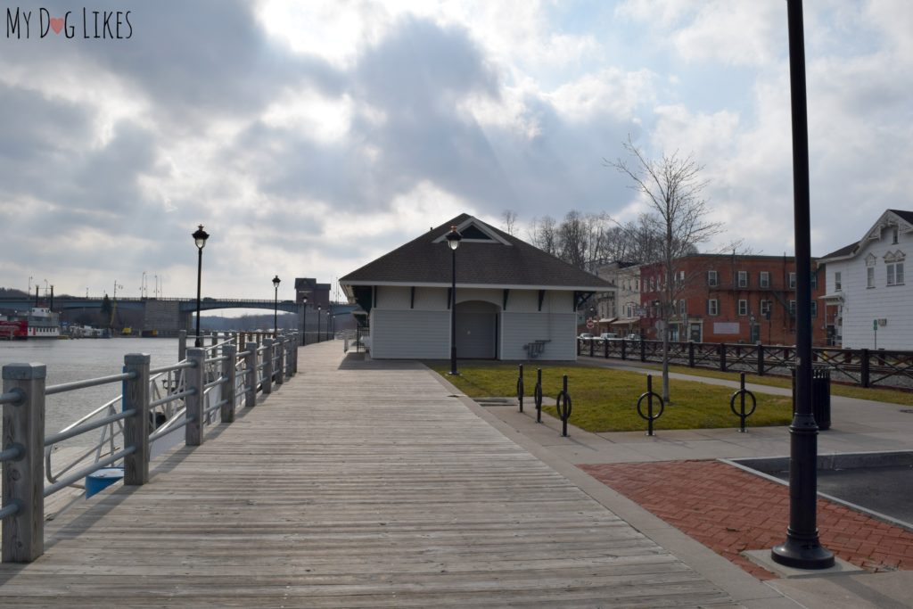 Walking the boardwalk along River Street in Charlotte, NY