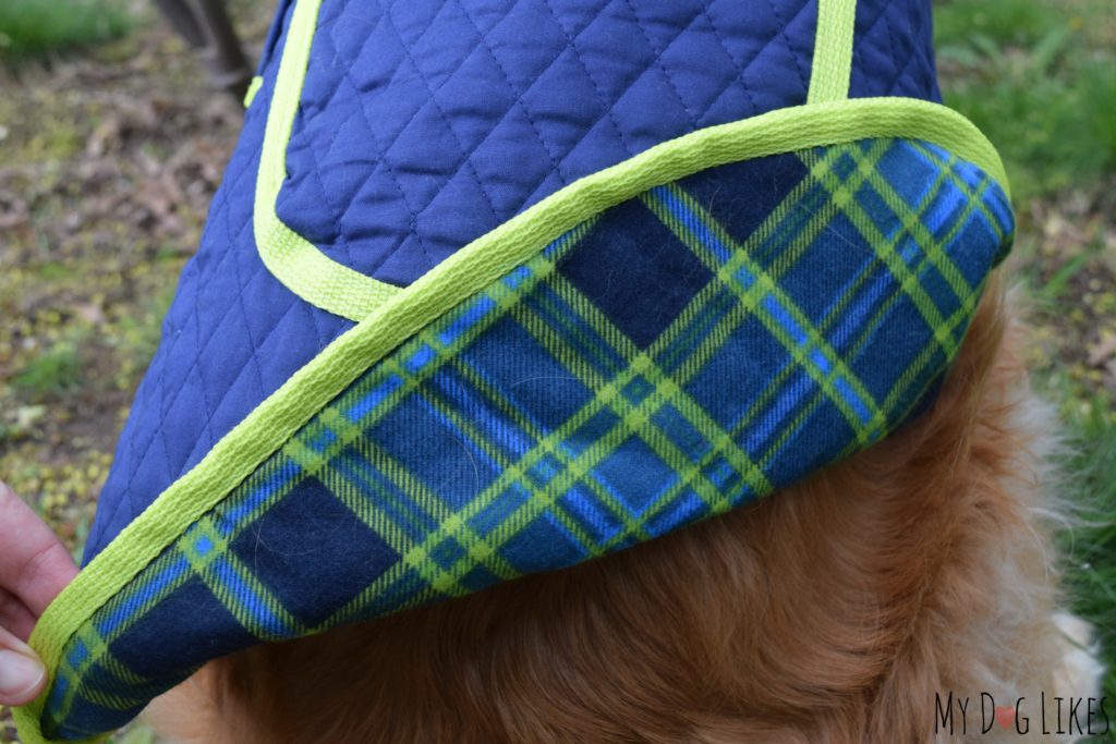 Dual layer dog coat with durable stitching and back pocket