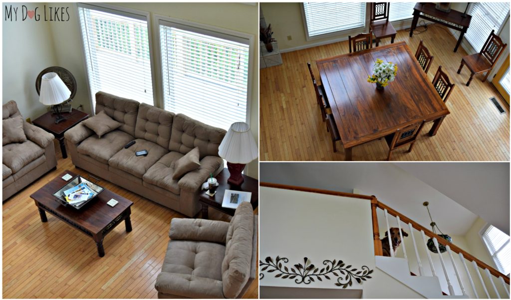 Looking into the living and dining rooms from the loft