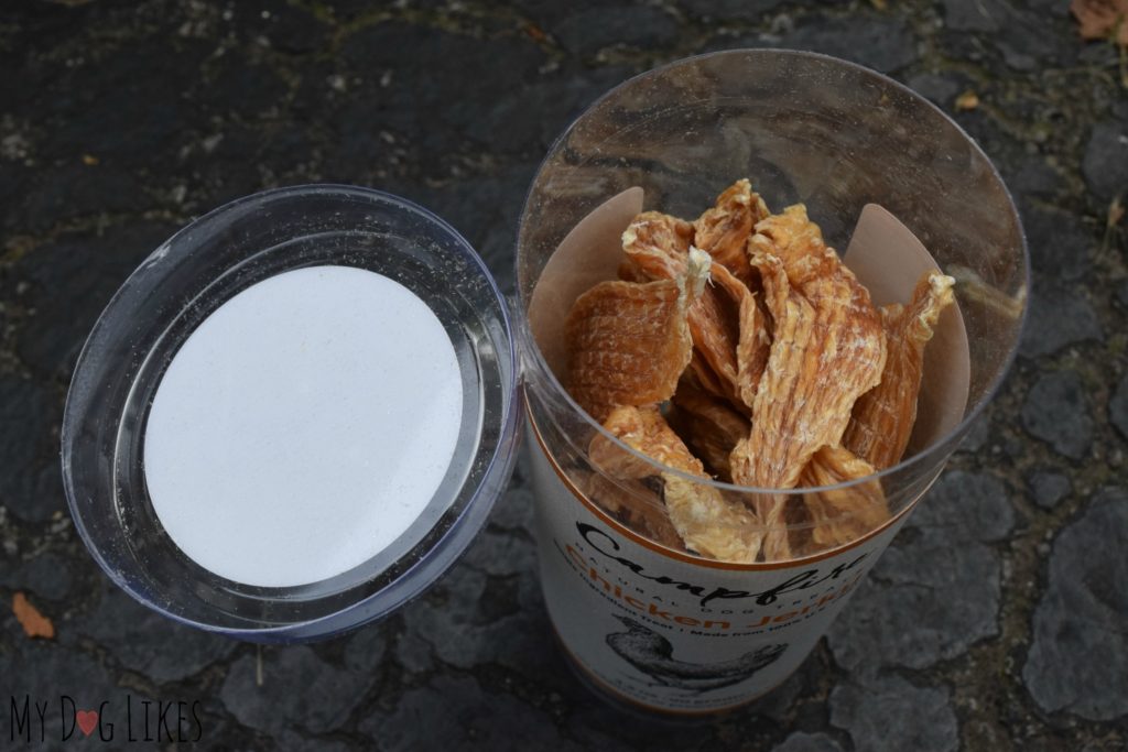 Campfire Treats Chicken Jerky comes in a completely recyclable/ reusable container